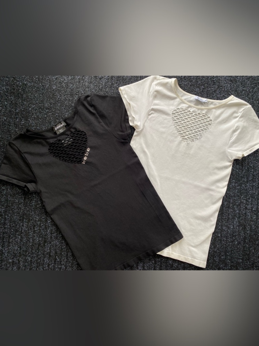 ADORABLE & SEXY! Bebe Black and White Short Sleeve Tees with Heart Mesh Insets